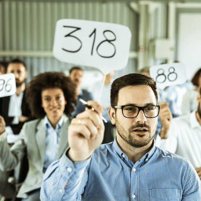 a group of people holding up their bidder numbers as they bid at a house auction