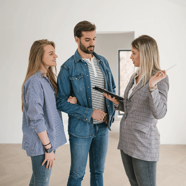 A group of people standing in a room talking about how to buy and sell property at the same time