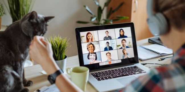 Remote Working & Homeownership - shows a woman sitting at her desk with her laptop and cat. The laptop shows a virtual meeting room